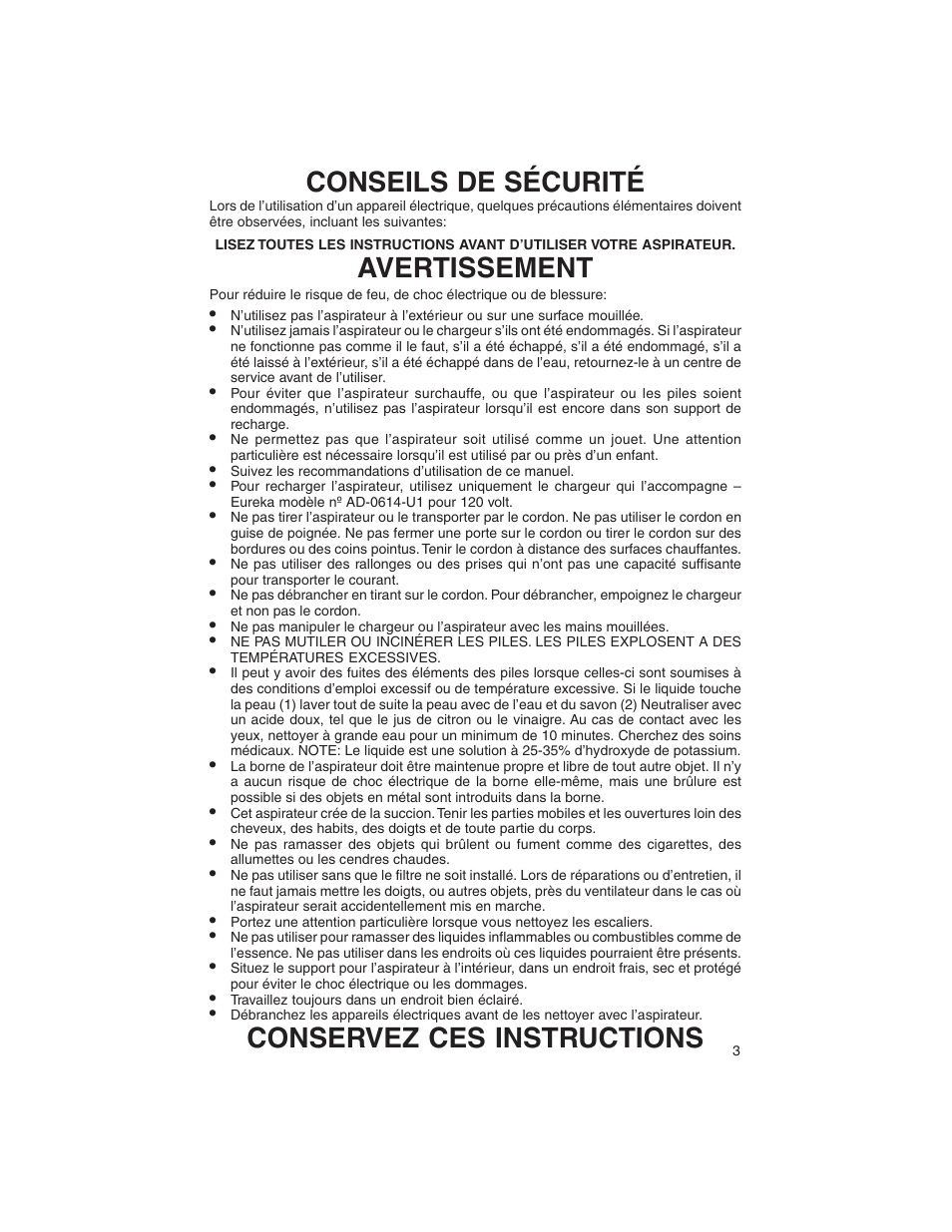 Conseils de sécurité, Avertissement, Conservez ces instructions | Eureka 77 User Manual | Page 3 / 12