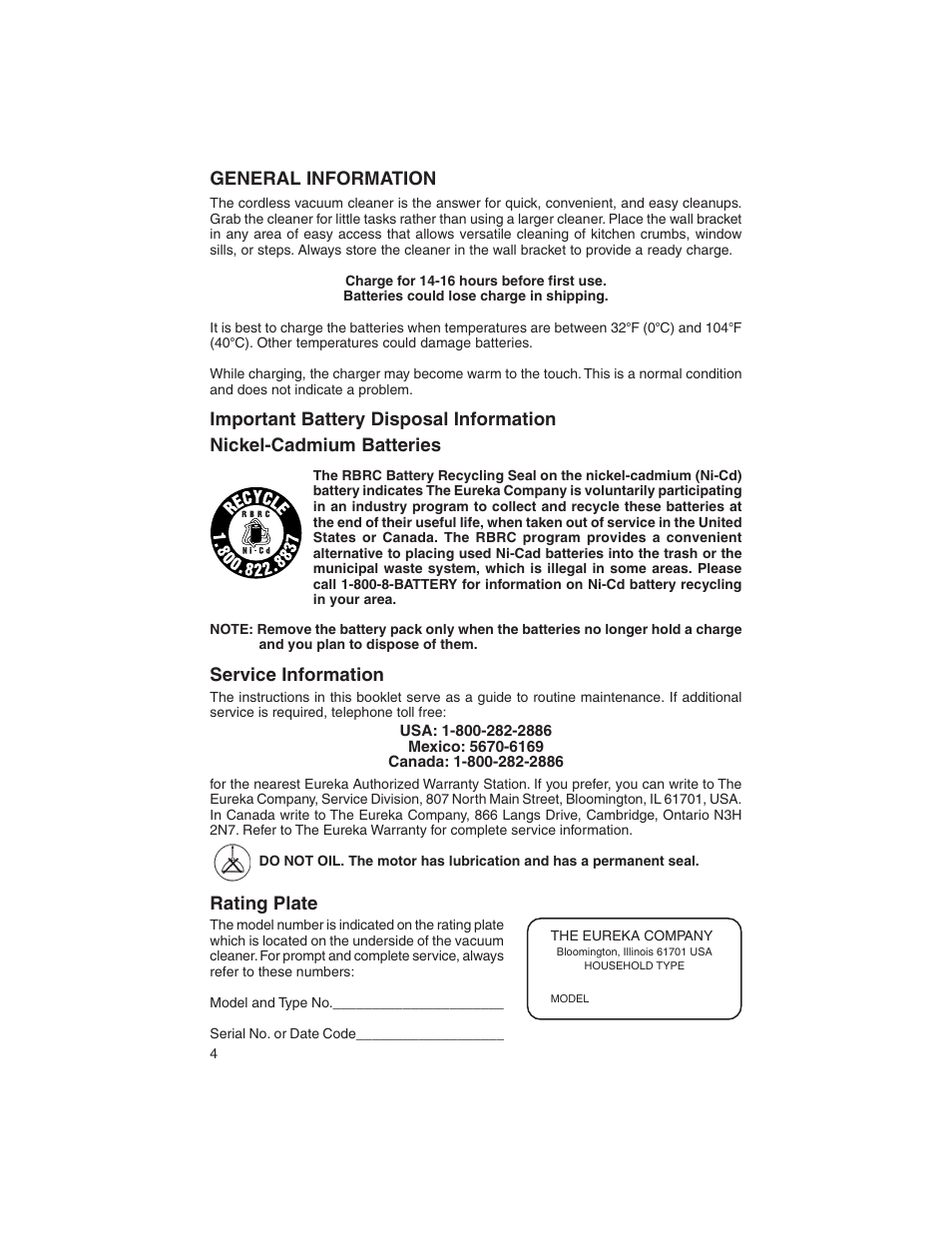 General information, Service information, Rating plate | Eureka 77 User Manual | Page 4 / 12