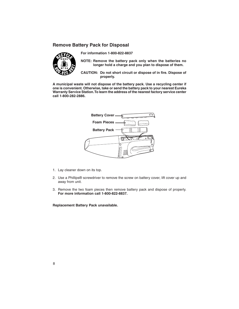 Remove battery pack for disposal | Eureka 77 User Manual | Page 8 / 12