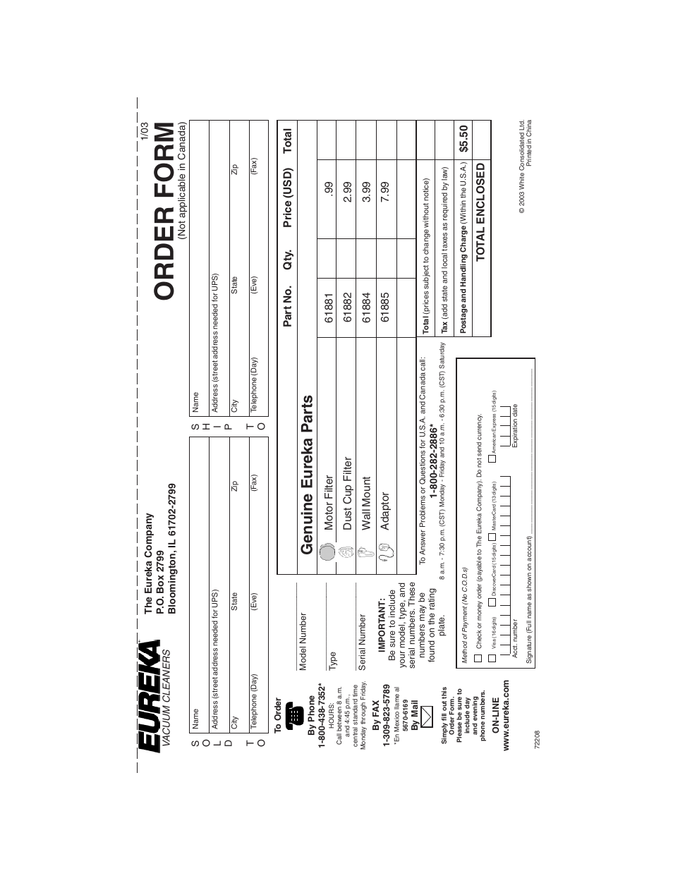 Order form, Gen uine eureka p a rt s, 50 p a rt no. qty . price (usd) t otal | Eureka 77 User Manual | Page 9 / 12