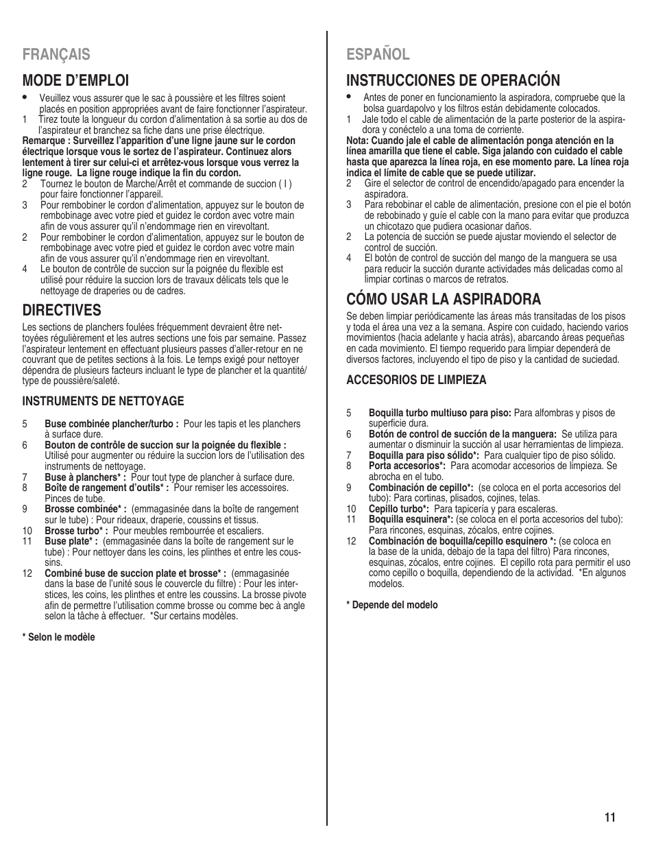 Español instrucciones de operación, Cómo usar la aspiradora, Français mode d’emploi | Directives | Eureka 920 User Manual | Page 11 / 16