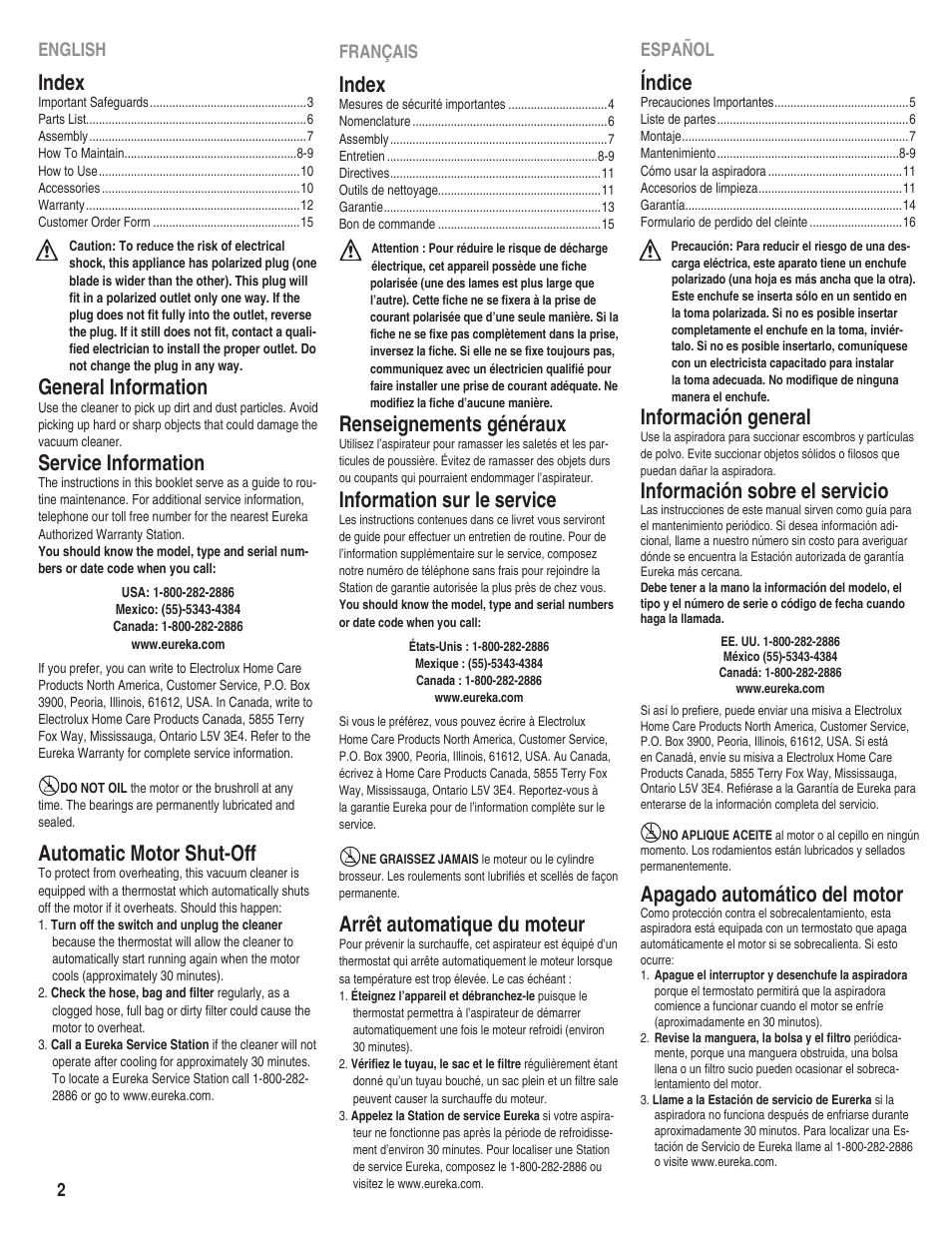 Index, General information, Service information | Automatic motor shut-off, Renseignements généraux, Information sur le service, Arrêt automatique du moteur, Índice, Información general, Información sobre el servicio | Eureka 920 User Manual | Page 2 / 16