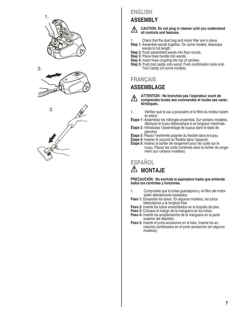 English assembly, Français assemblage, Español montaje | Eureka 920 User Manual | Page 7 / 16