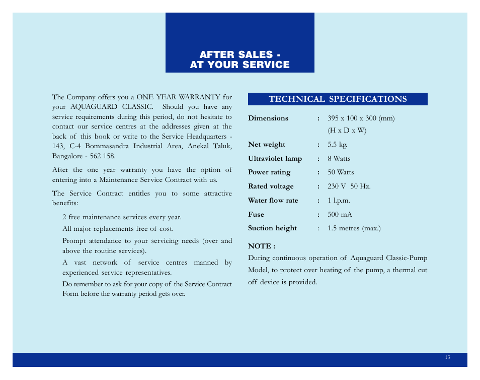 After sales - at your service, Technical specifications | Eureka Classic Aquaguard User Manual | Page 16 / 24