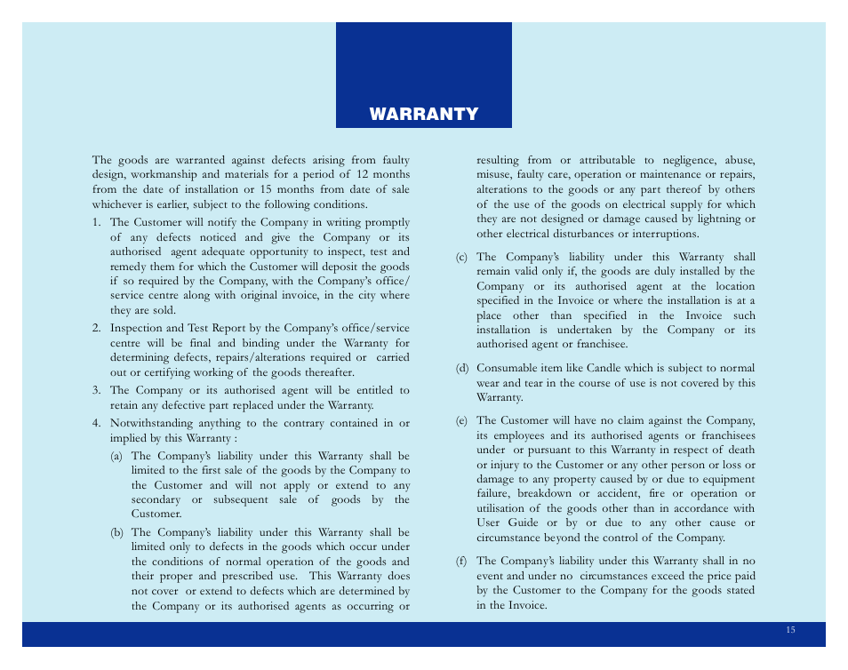 Warranty | Eureka Classic Aquaguard User Manual | Page 18 / 24