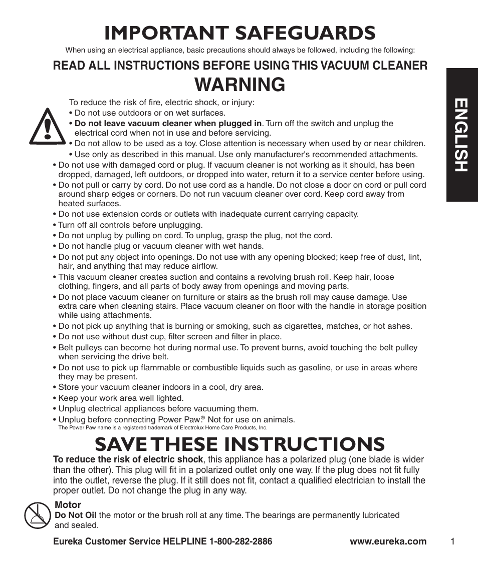 Save these instructions, Important safeguards, Warning | En g l is h | Eureka 4710 Series User Manual | Page 3 / 8