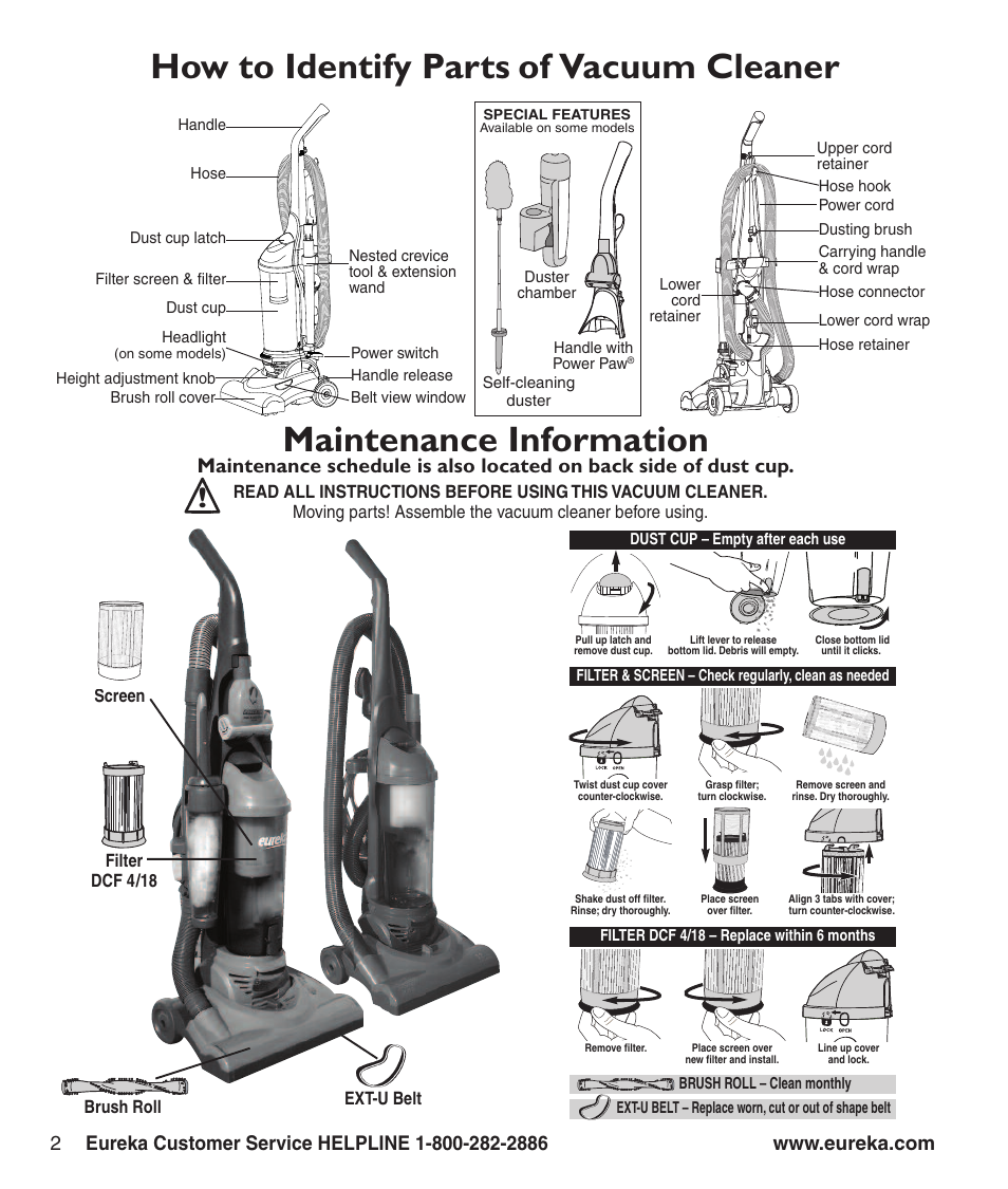 Maintenance information, How to identify parts of vacuum cleaner | Eureka 4710 Series User Manual | Page 4 / 8