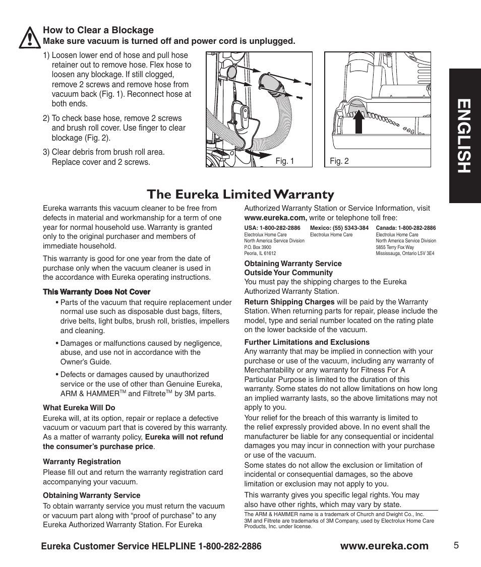 En g l is h, The eureka limited warranty | Eureka 4710 Series User Manual | Page 7 / 8