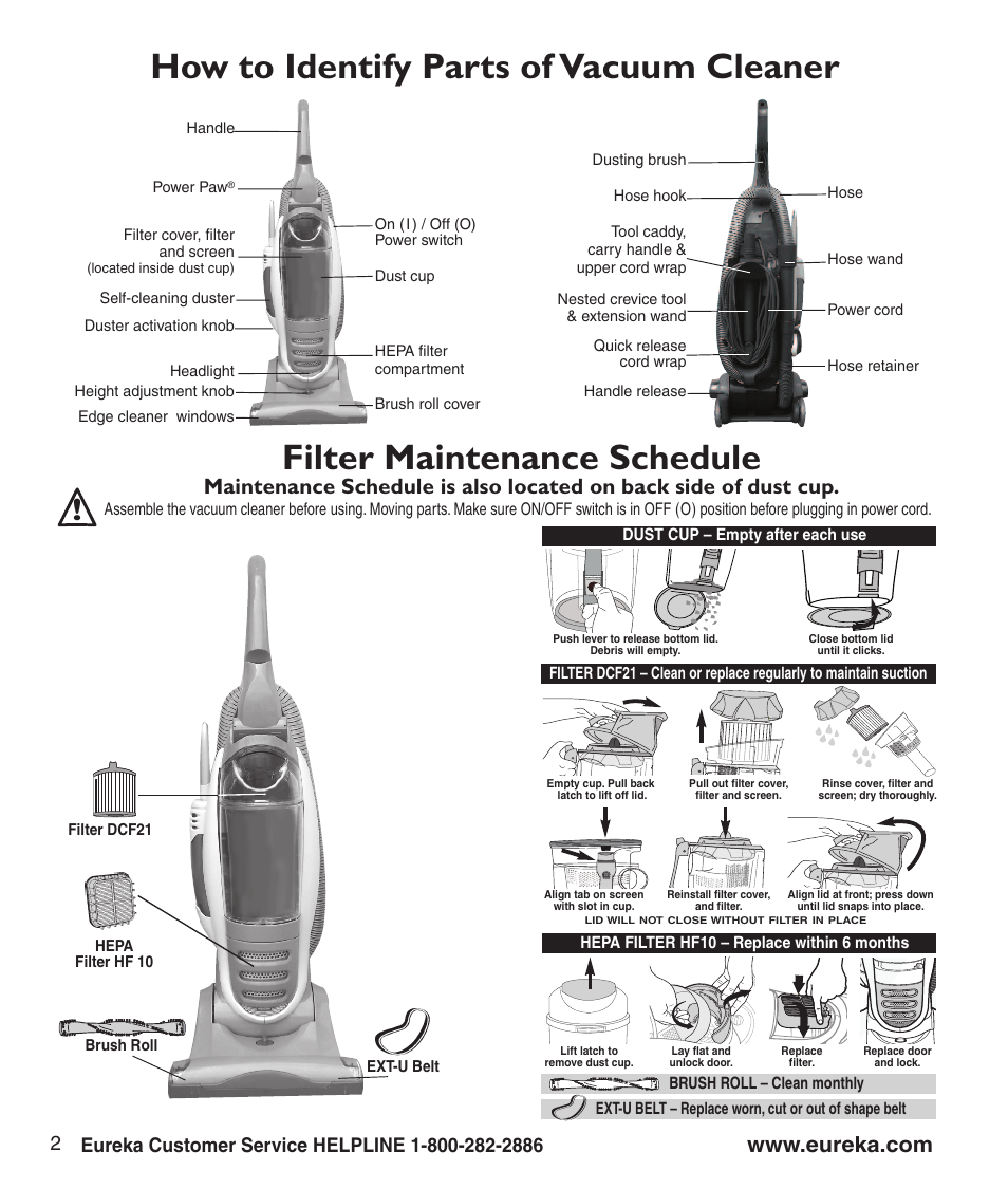 How to identify parts of vacuum cleaner, Filter maintenance schedule | Eureka 8810-8849 SERIES User Manual | Page 4 / 8