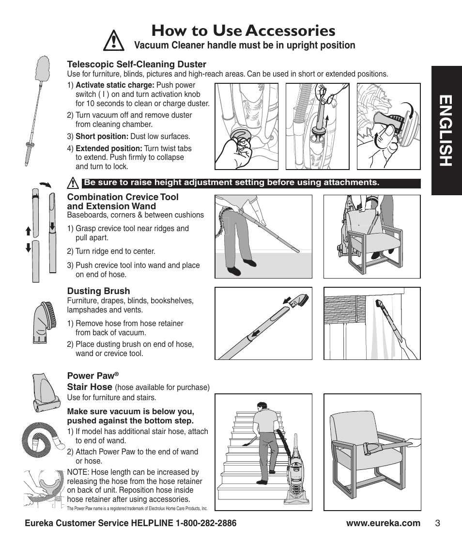 En g l is h, How to use accessories | Eureka 8810-8849 SERIES User Manual | Page 5 / 8