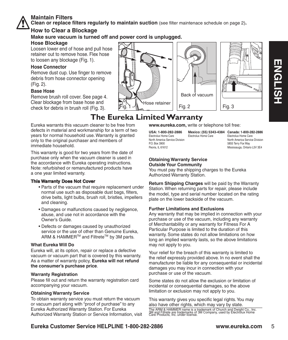 En g l is h, The eureka limited warranty | Eureka 8810-8849 SERIES User Manual | Page 7 / 8