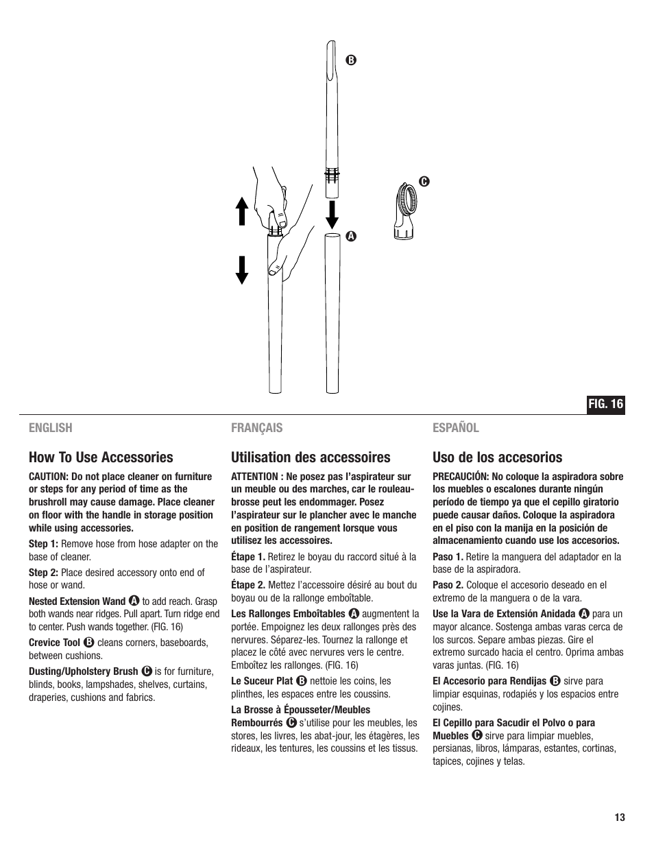 How to use accessories, Utilisation des accessoires, Uso de los accesorios | Eureka 4700 User Manual | Page 13 / 28