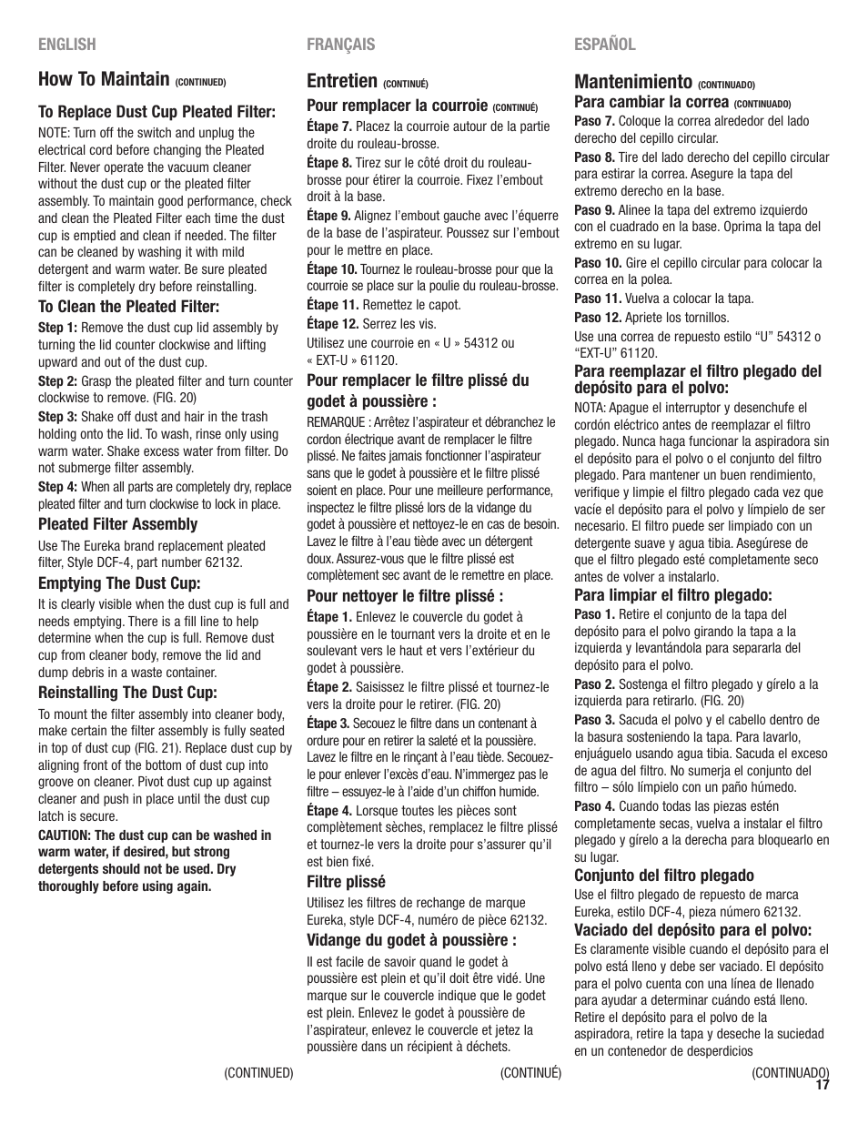 How to maintain, Entretien, Mantenimiento | Eureka 4700 User Manual | Page 17 / 28