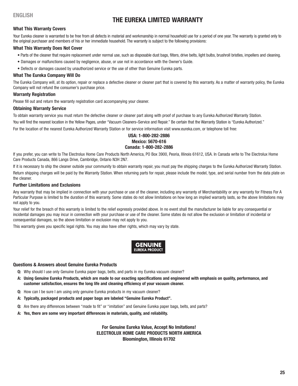 The eureka limited warranty | Eureka 4700 User Manual | Page 25 / 28