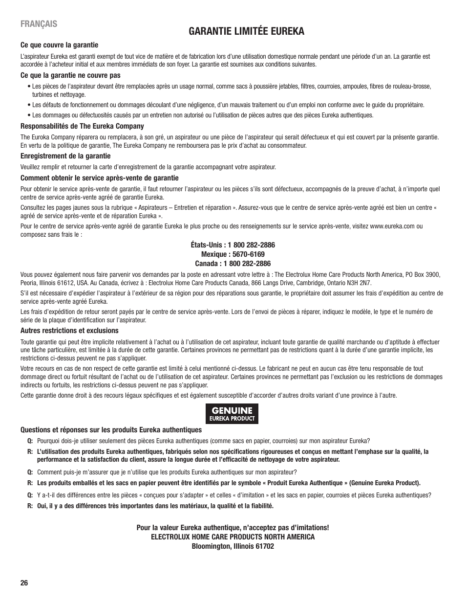 Garantie limitée eureka | Eureka 4700 User Manual | Page 26 / 28