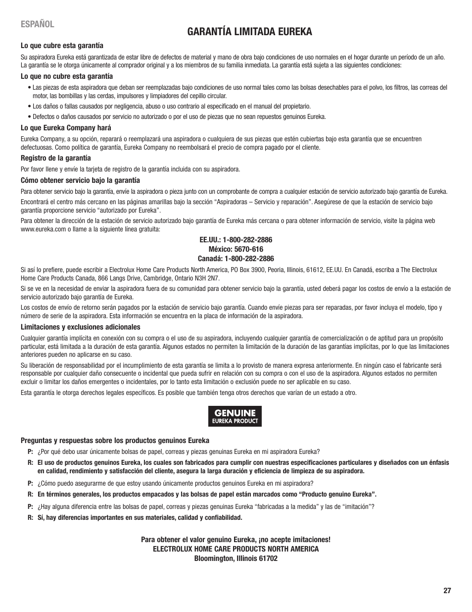 Garantía limitada eureka | Eureka 4700 User Manual | Page 27 / 28