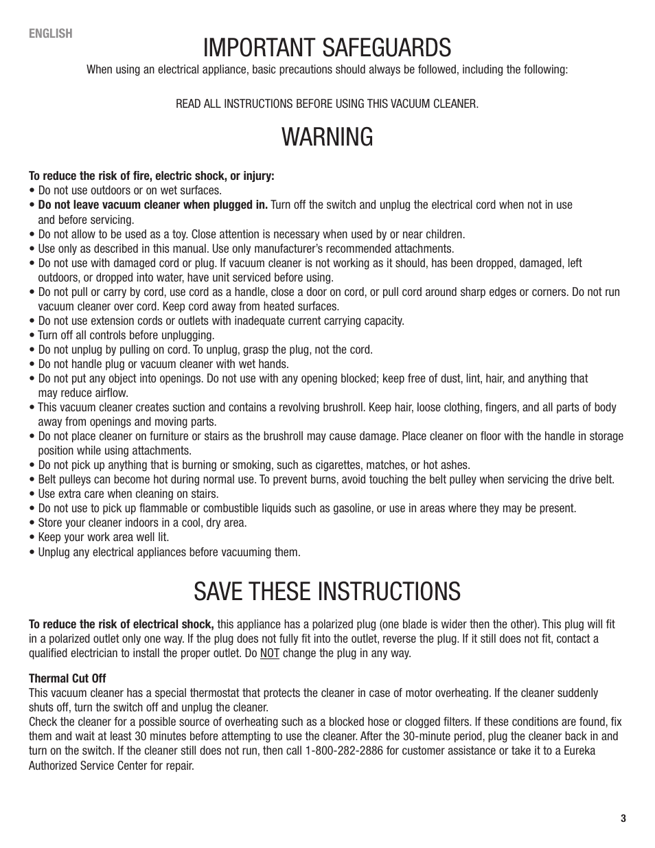 Important safeguards, Warning, Save these instructions | Eureka 4700 User Manual | Page 3 / 28