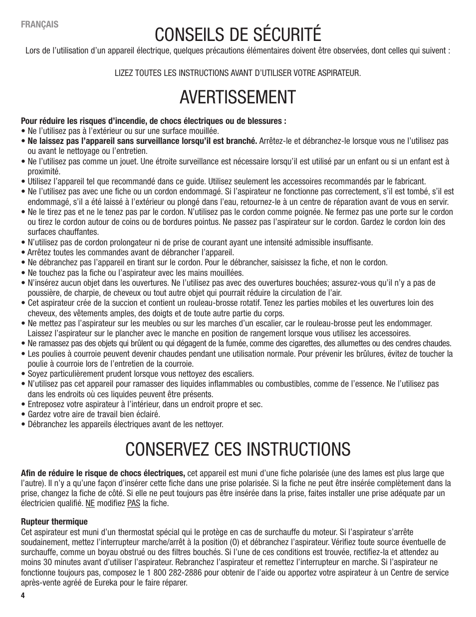 Conseils de sécurité, Avertissement, Conservez ces instructions | Eureka 4700 User Manual | Page 4 / 28