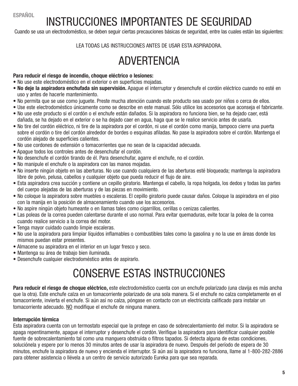 Instrucciones importantes de seguridad, Advertencia, Conserve estas instrucciones | Eureka 4700 User Manual | Page 5 / 28