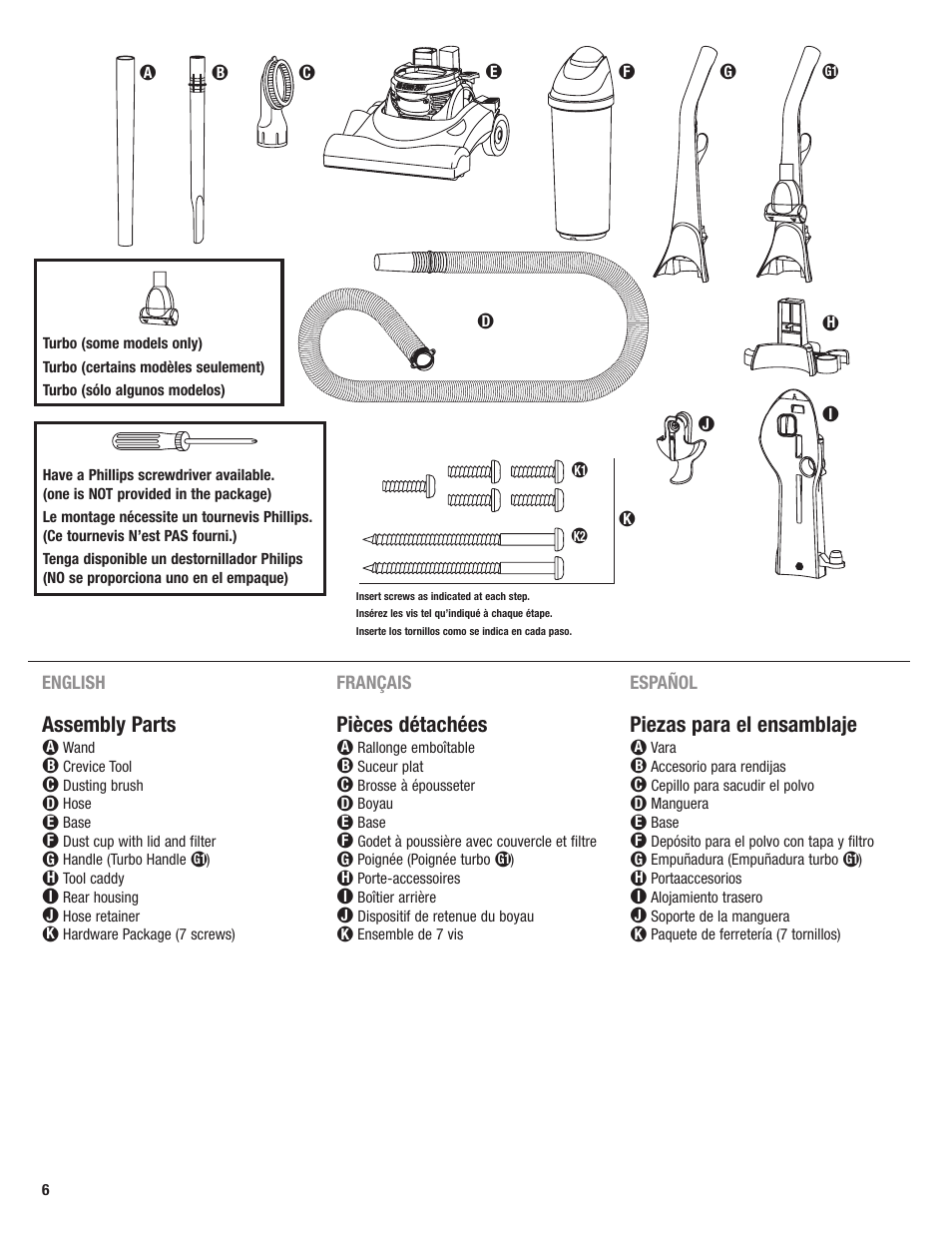 Assembly parts, Pièces détachées, Piezas para el ensamblaje | Eureka 4700 User Manual | Page 6 / 28