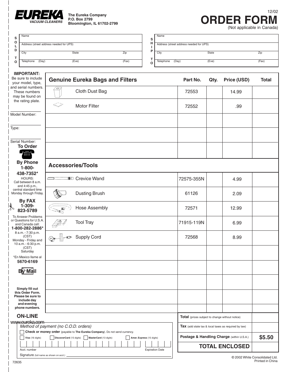 Order form, Total enclosed, By mail | Eureka 1040 Series User Manual | Page 10 / 12