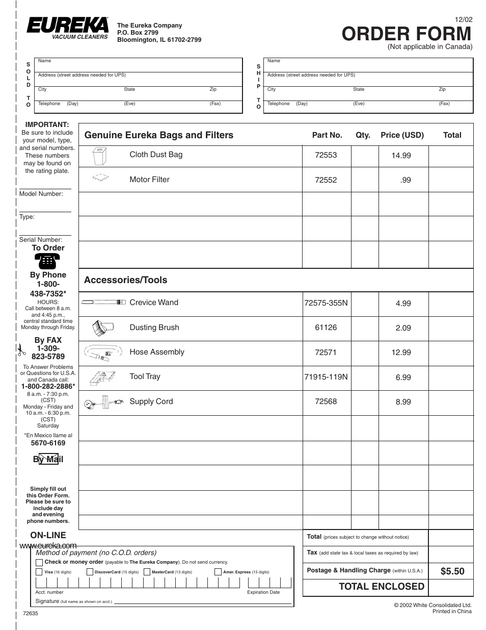 Order form, Total enclosed, By mail | Eureka 1040 Series User Manual | Page 11 / 12