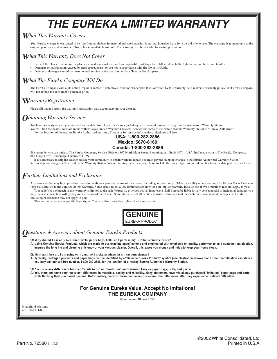 The eureka limited warranty, Genuine | Eureka 1040 Series User Manual | Page 12 / 12