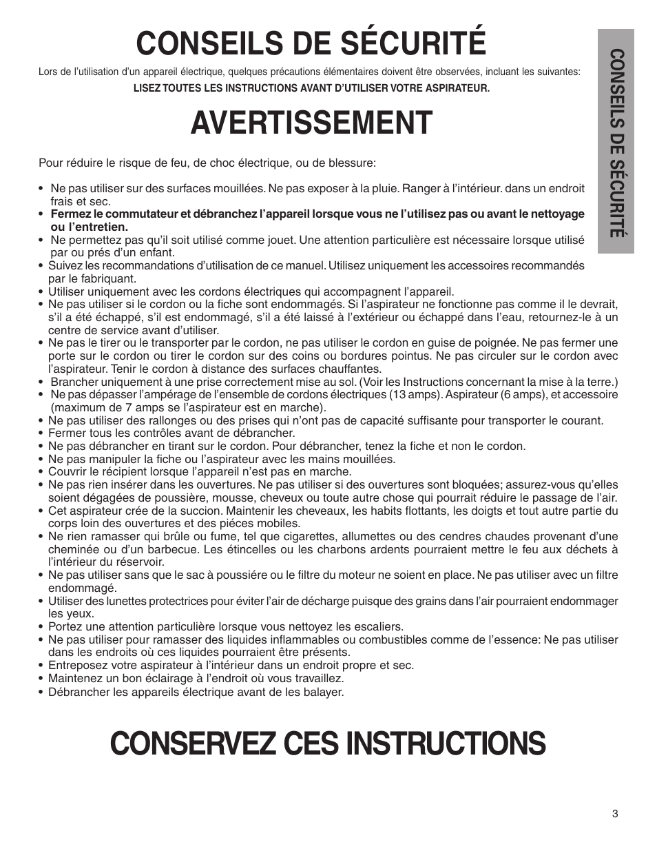 Conseils de sécurité, Avertissement, Conservez ces instructions | Conseils de s écurité | Eureka 1040 Series User Manual | Page 3 / 12