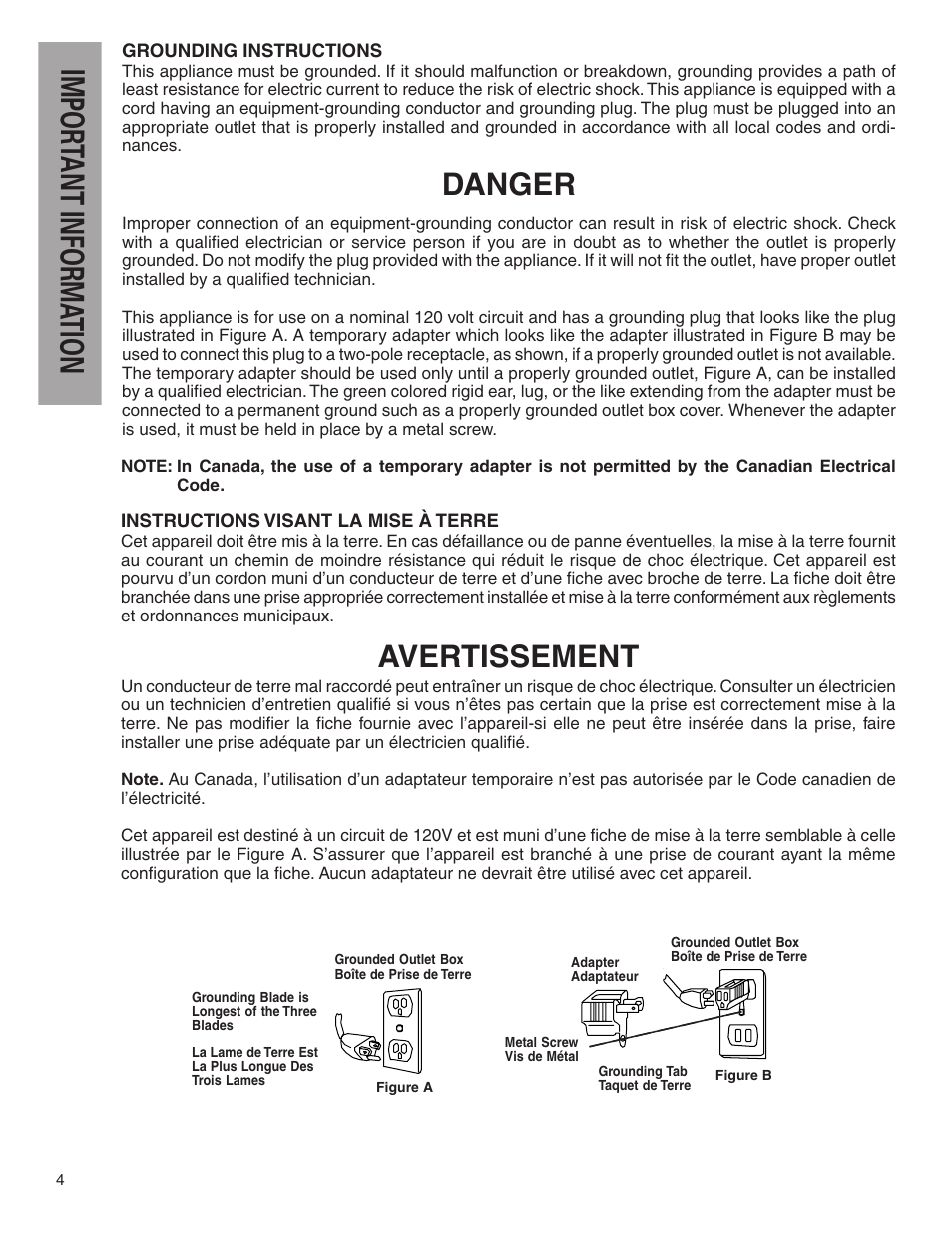 Impor tant informa tion, Danger, Avertissement | Eureka 1040 Series User Manual | Page 4 / 12
