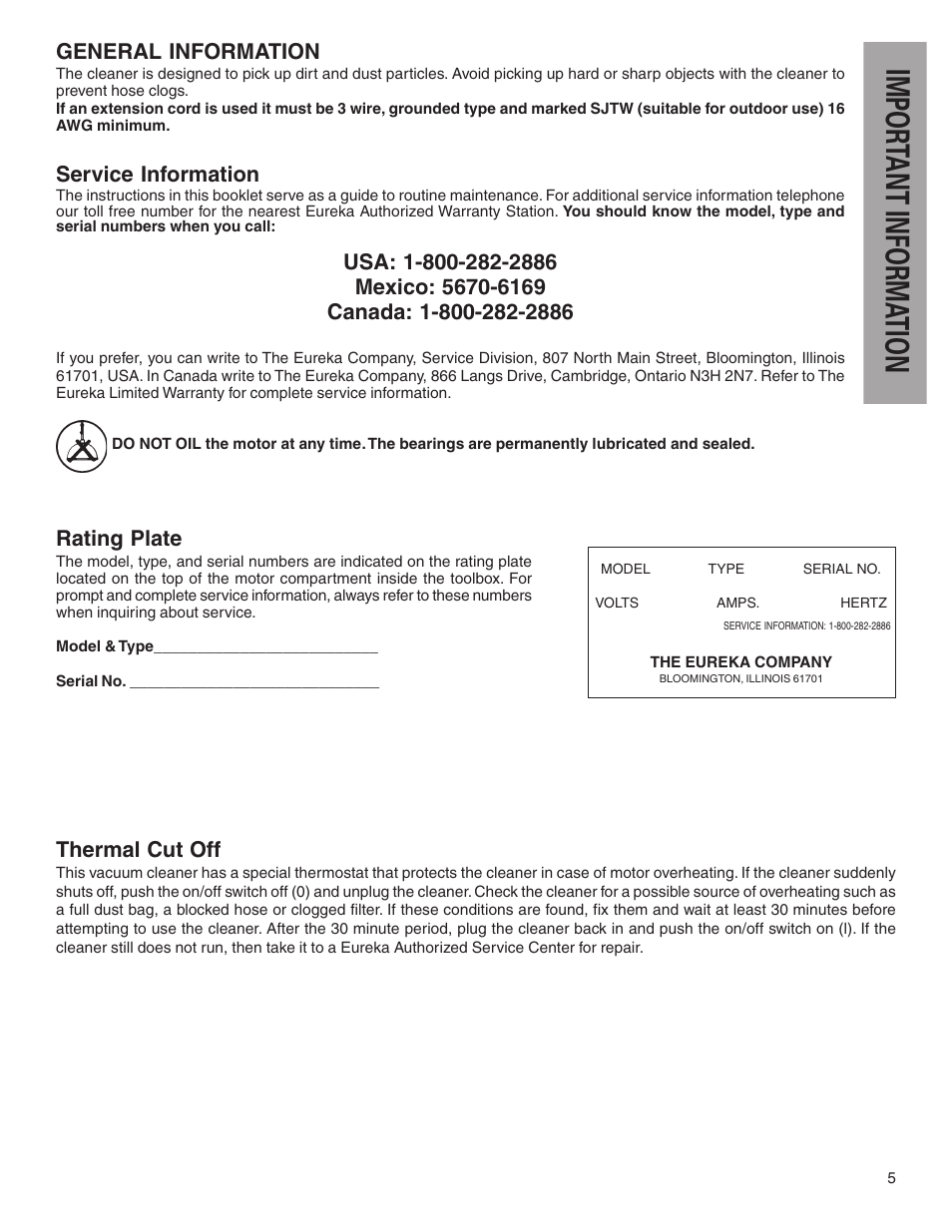 Impor tant informa tion | Eureka 1040 Series User Manual | Page 5 / 12