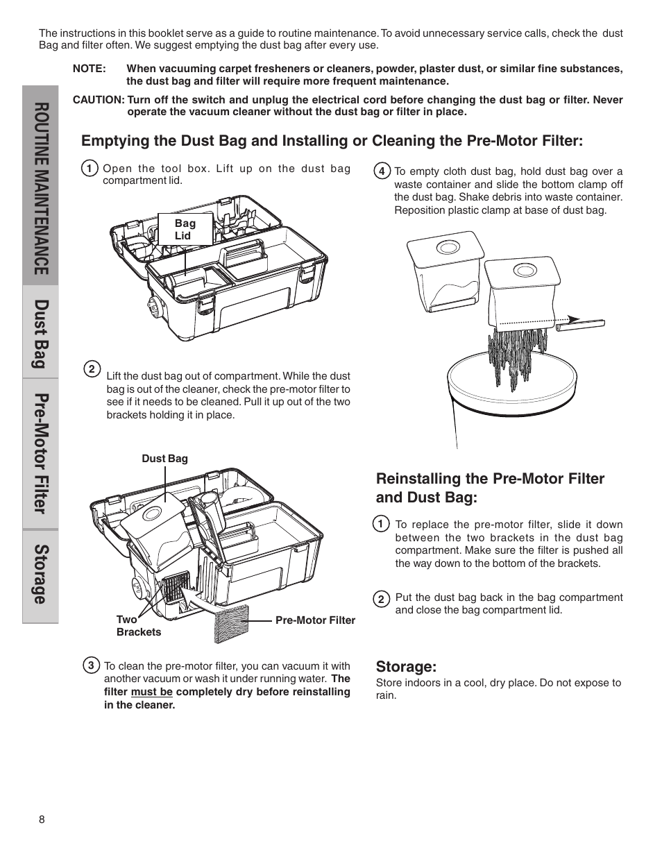 Routine maintenance dust bag, Pr e-mot or filt er, St or ag e | Eureka 1040 Series User Manual | Page 8 / 12