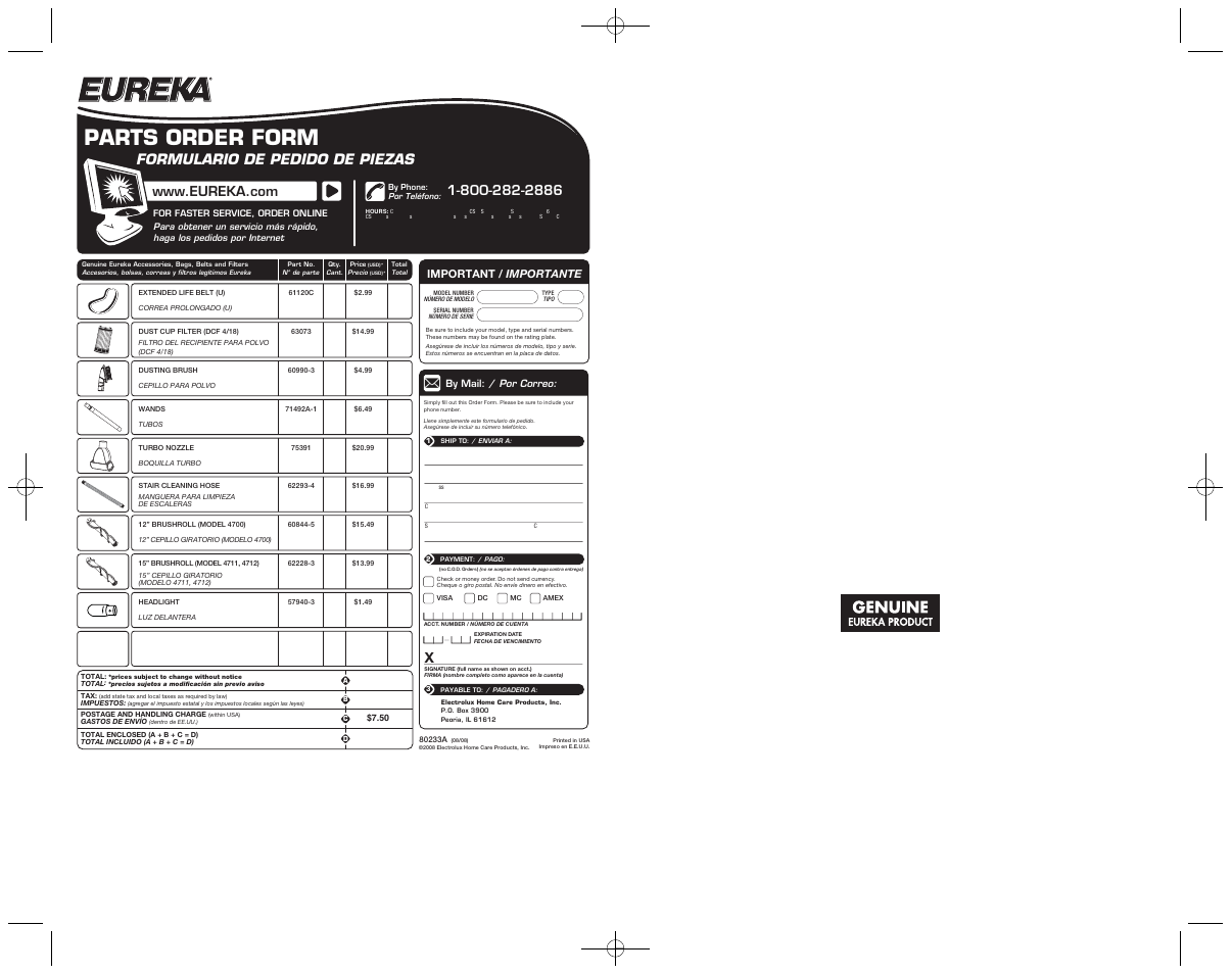 Parts order form, Formulario de pedido de piezas, 18 the eureka limited warranty | English | Eureka 4712 User Manual | Page 10 / 13