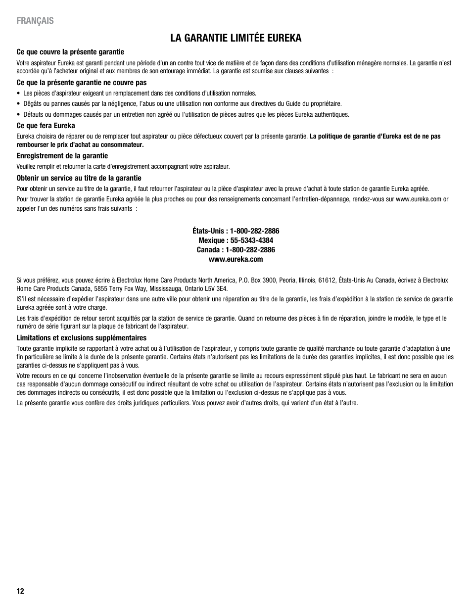 La garantie limitée eureka | Eureka 313A User Manual | Page 12 / 20