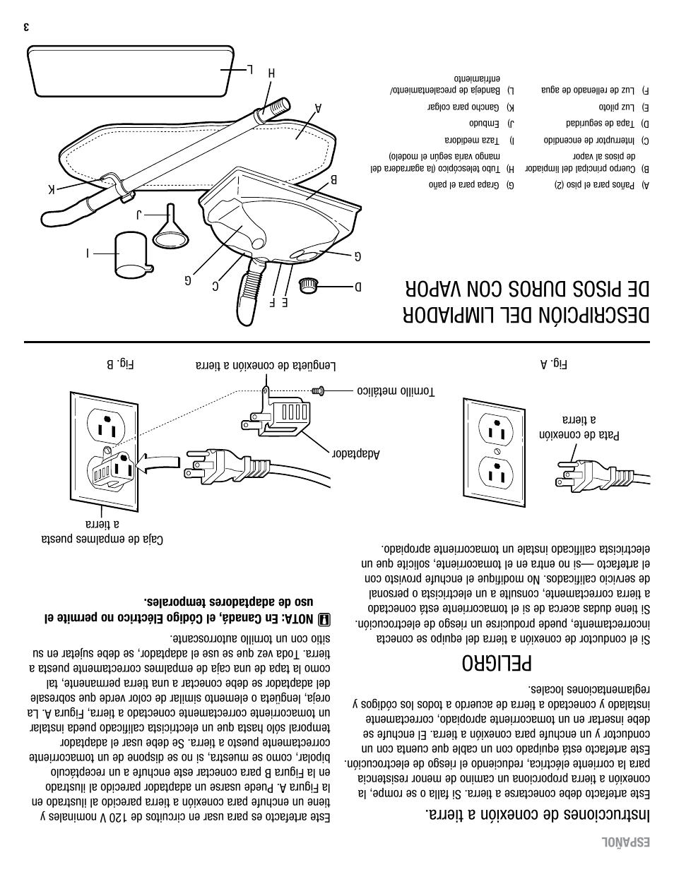 Peligro, Descripción del limpiador de pisos duros con vapor, Instrucciones de conexión a tierra | Eureka 313A User Manual | Page 18 / 20