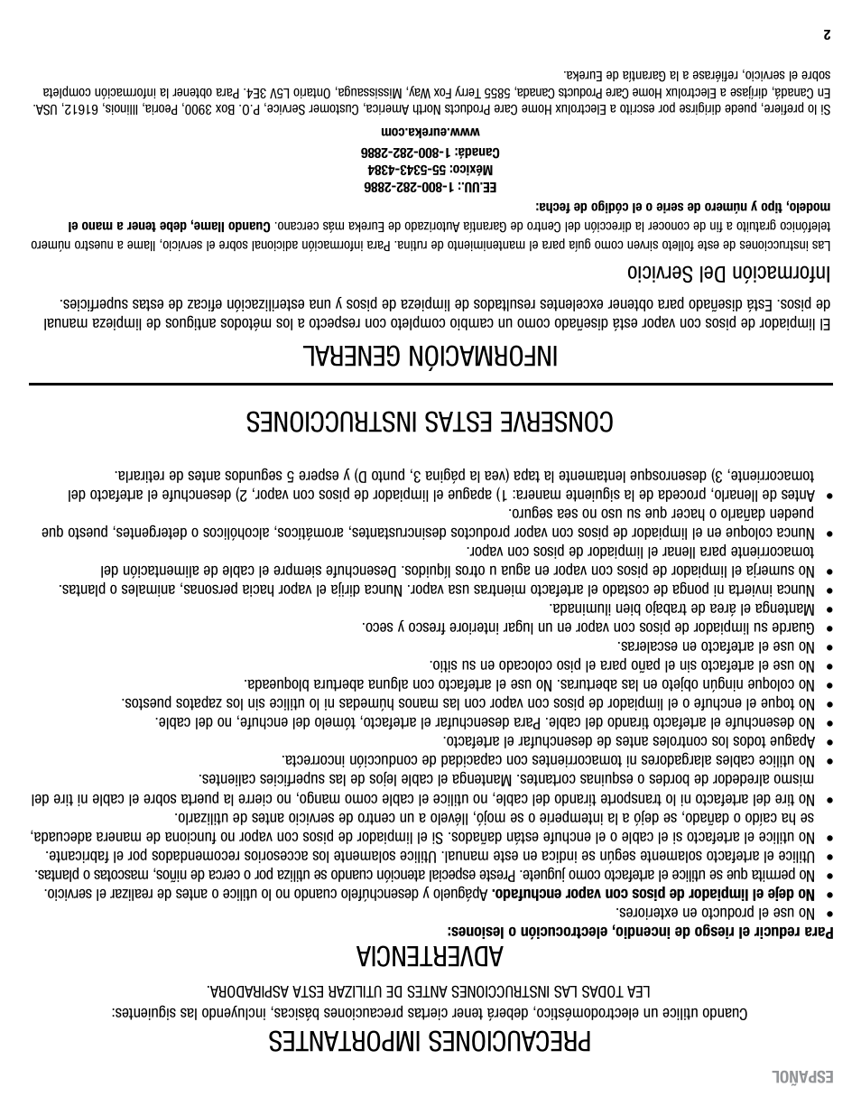 Precauciones importantes, Advertencia, Conserve estas instrucciones | Información general, Información del servicio | Eureka 313A User Manual | Page 19 / 20