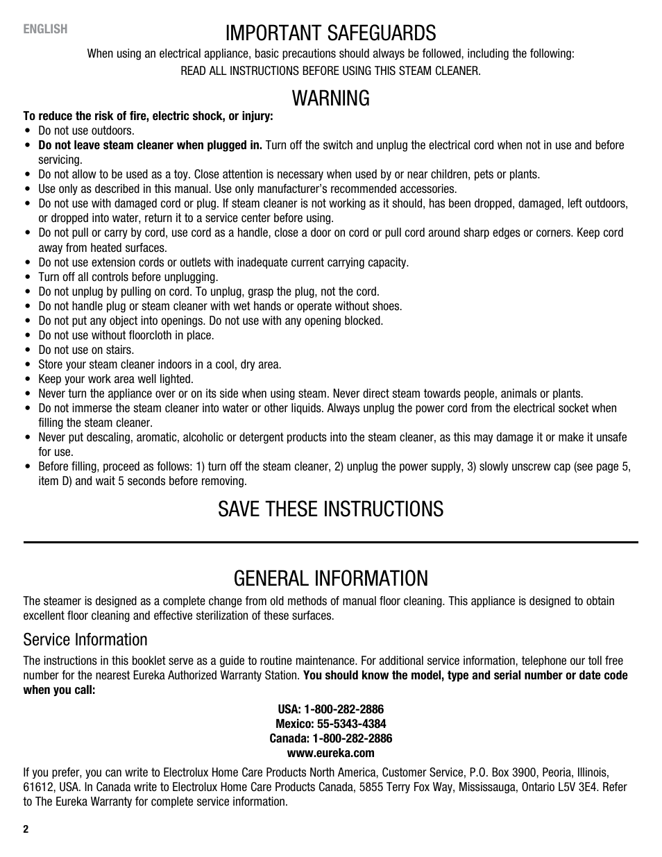 Important safeguards, Warning, Save these instructions | General information, Service information | Eureka 313A User Manual | Page 2 / 20