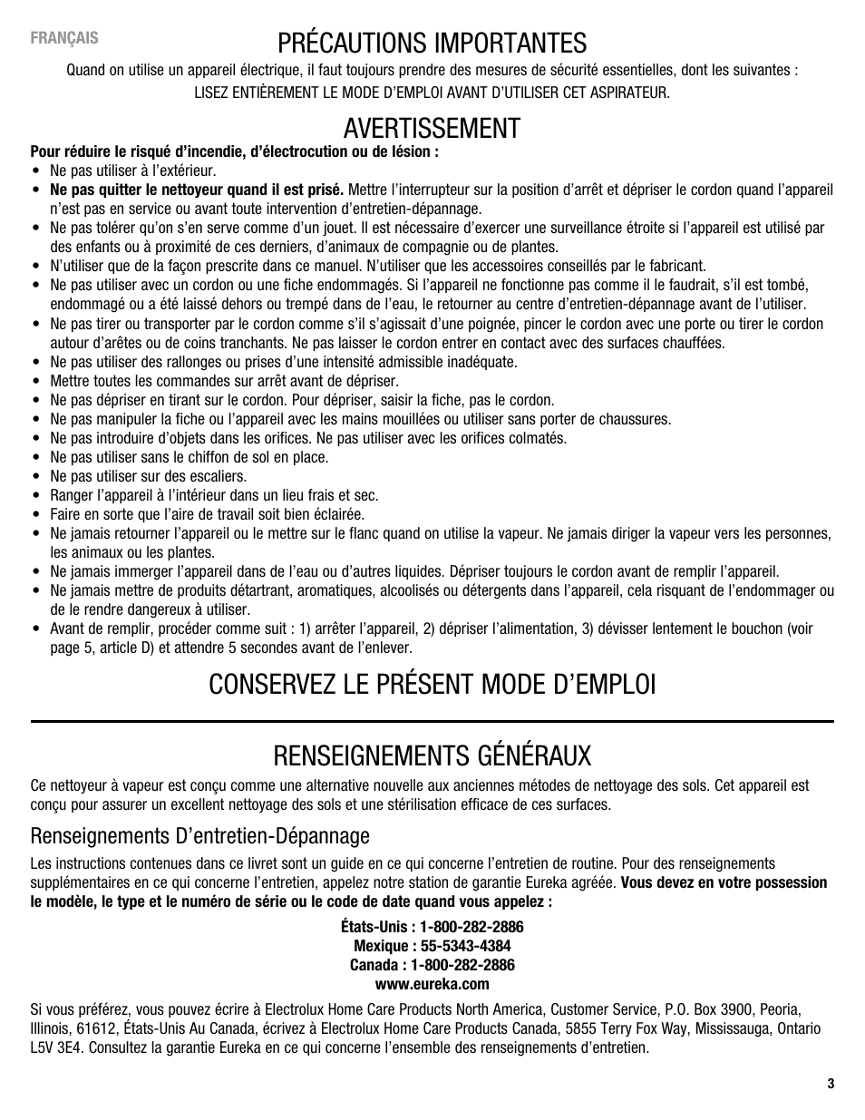 Précautions importantes, Avertissement, Conservez le présent mode d’emploi | Renseignements généraux, Renseignements d’entretien-dépannage | Eureka 313A User Manual | Page 3 / 20