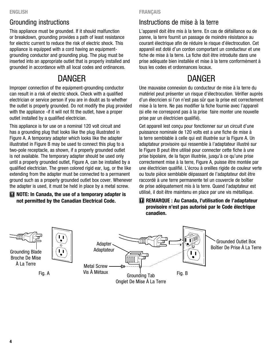 Danger, Grounding instructions, Instructions de mise à la terre | Eureka 313A User Manual | Page 4 / 20