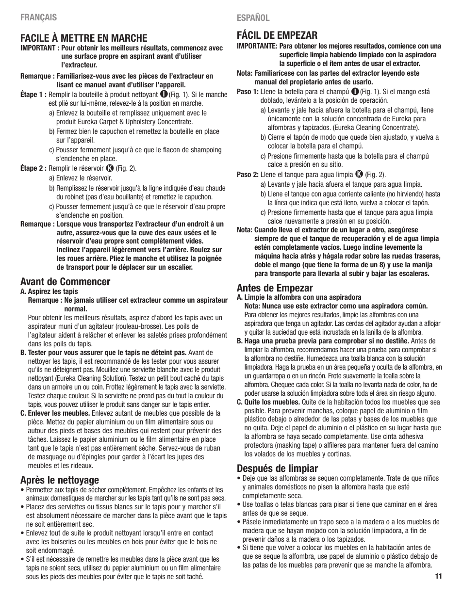 Fácil de empezar, Antes de empezar, Después de limpiar | Facile à mettre en marche, Avant de commencer, Après le nettoyage | Eureka 2590 User Manual | Page 11 / 28