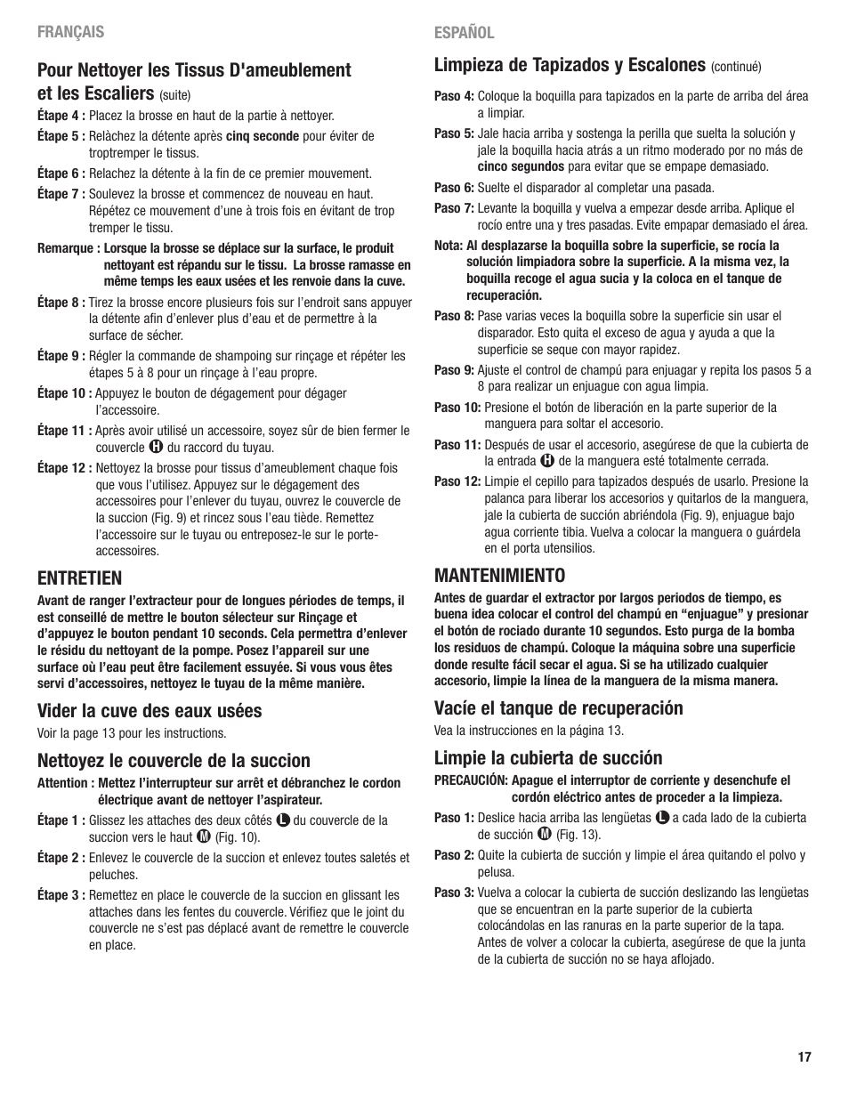 Limpieza de tapizados y escalones, Mantenimiento, Vacíe el tanque de recuperación | Limpie la cubierta de succión, Entretien, Vider la cuve des eaux usées, Nettoyez le couvercle de la succion | Eureka 2590 User Manual | Page 17 / 28