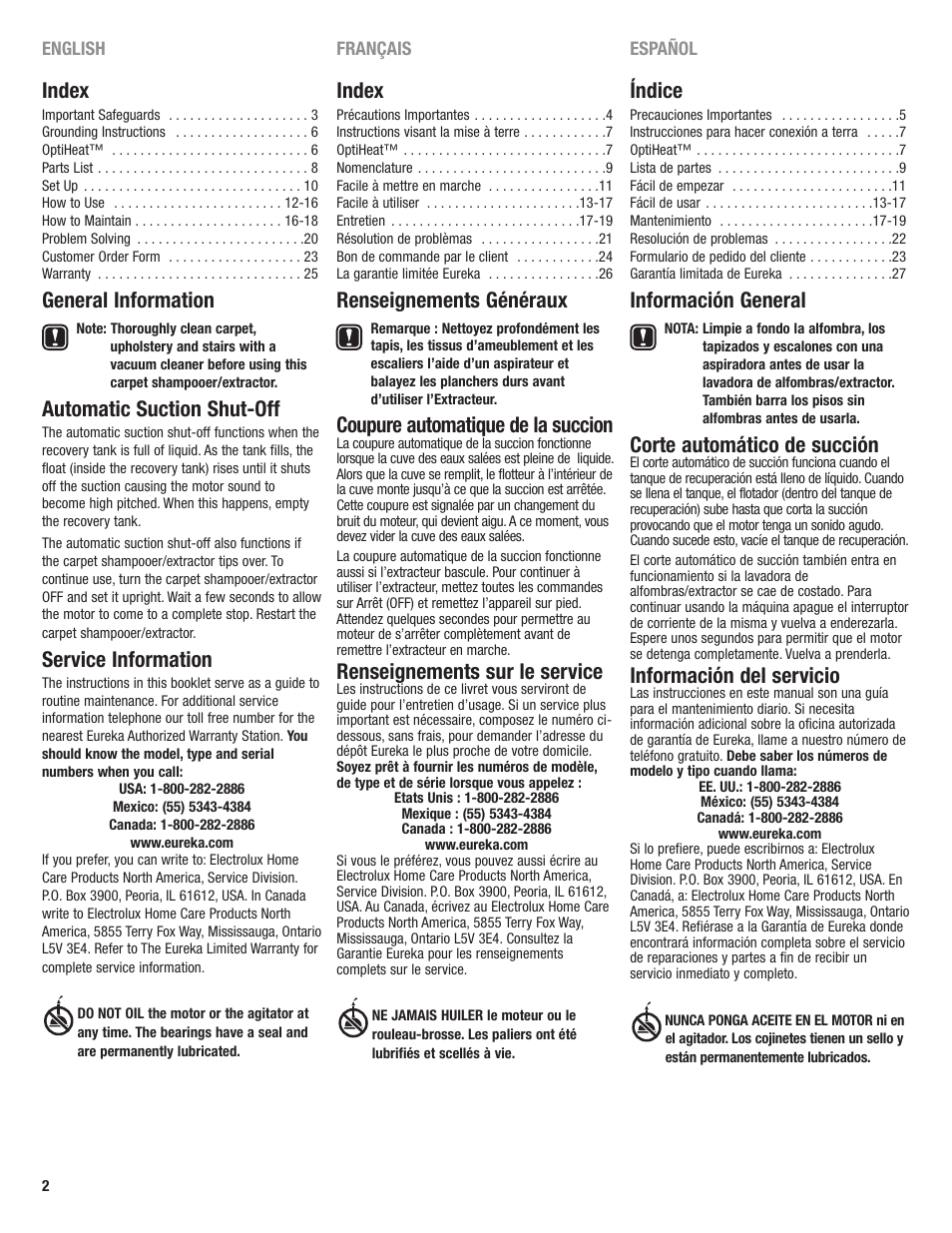 Index, General information, Automatic suction shut-off | Service information, Renseignements généraux, Coupure automatique de la succion, Renseignements sur le service, Índice, Información general, Corte automático de succión | Eureka 2590 User Manual | Page 2 / 28