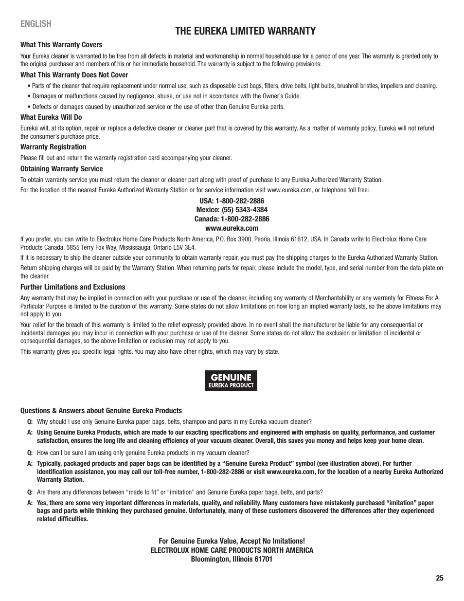 The eureka limited warranty | Eureka 2590 User Manual | Page 25 / 28