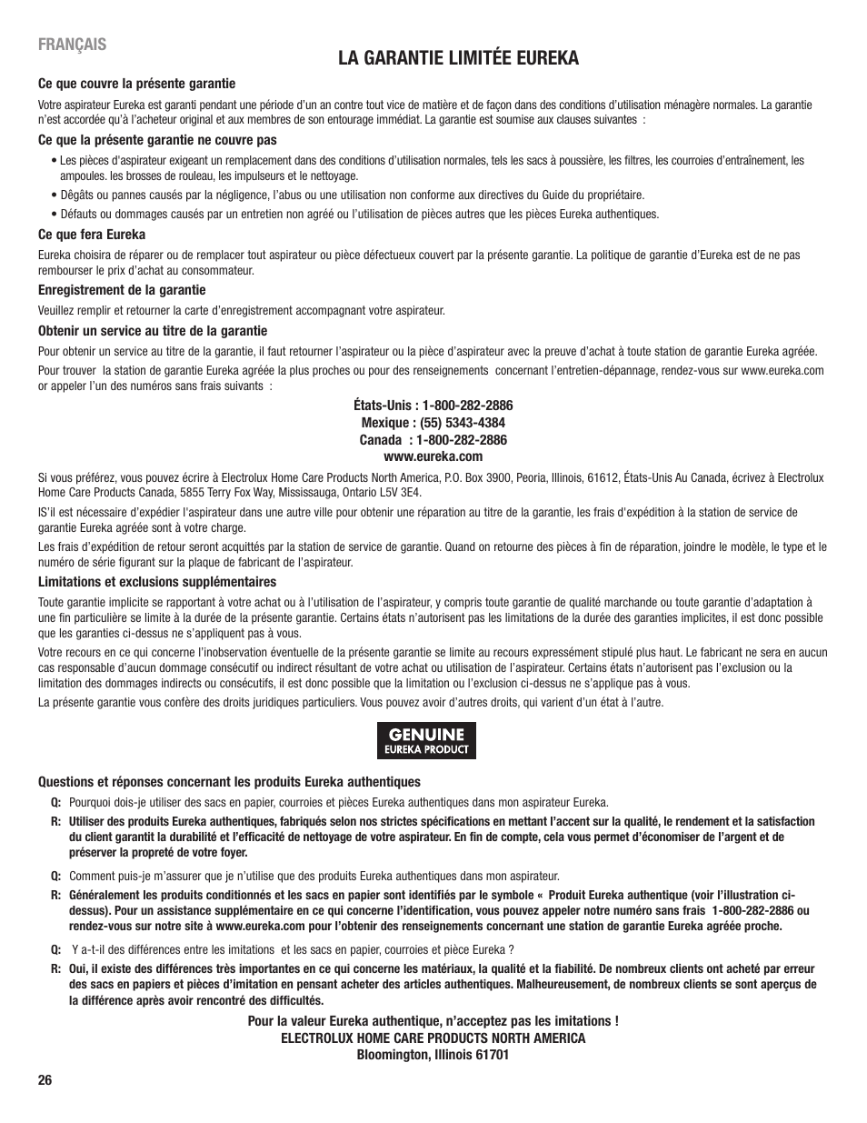 La garantie limitée eureka | Eureka 2590 User Manual | Page 26 / 28