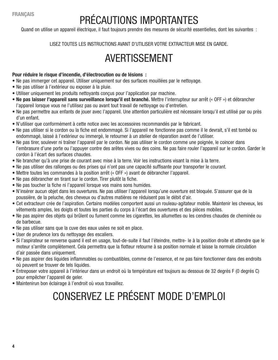 Précautions importantes, Avertissement, Conservez le présent mode d’emploi | Eureka 2590 User Manual | Page 4 / 28