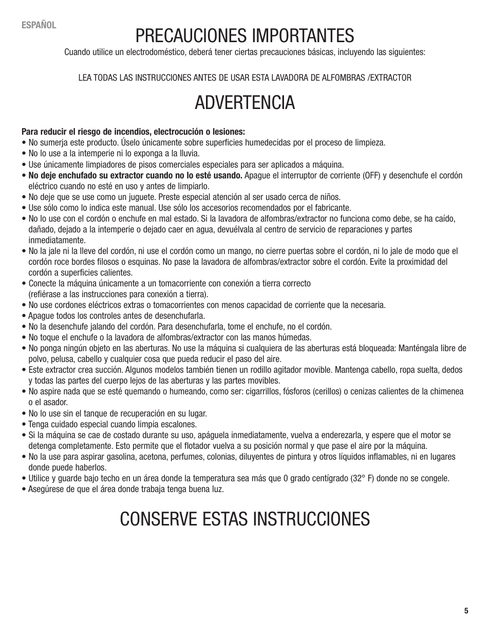 Precauciones importantes, Advertencia, Conserve estas instrucciones | Eureka 2590 User Manual | Page 5 / 28
