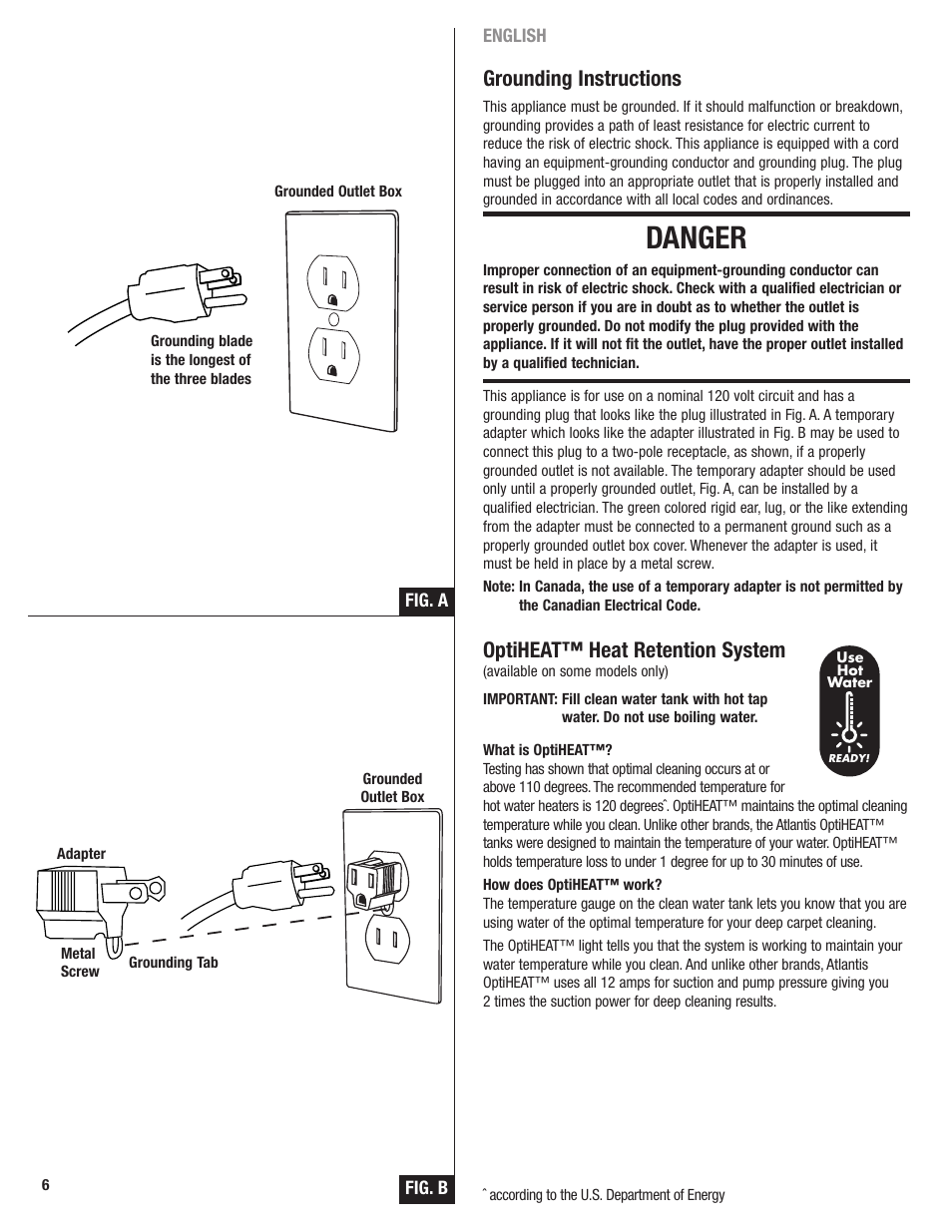 Danger, Grounding instructions, Optiheat™ heat retention system | Eureka 2590 User Manual | Page 6 / 28