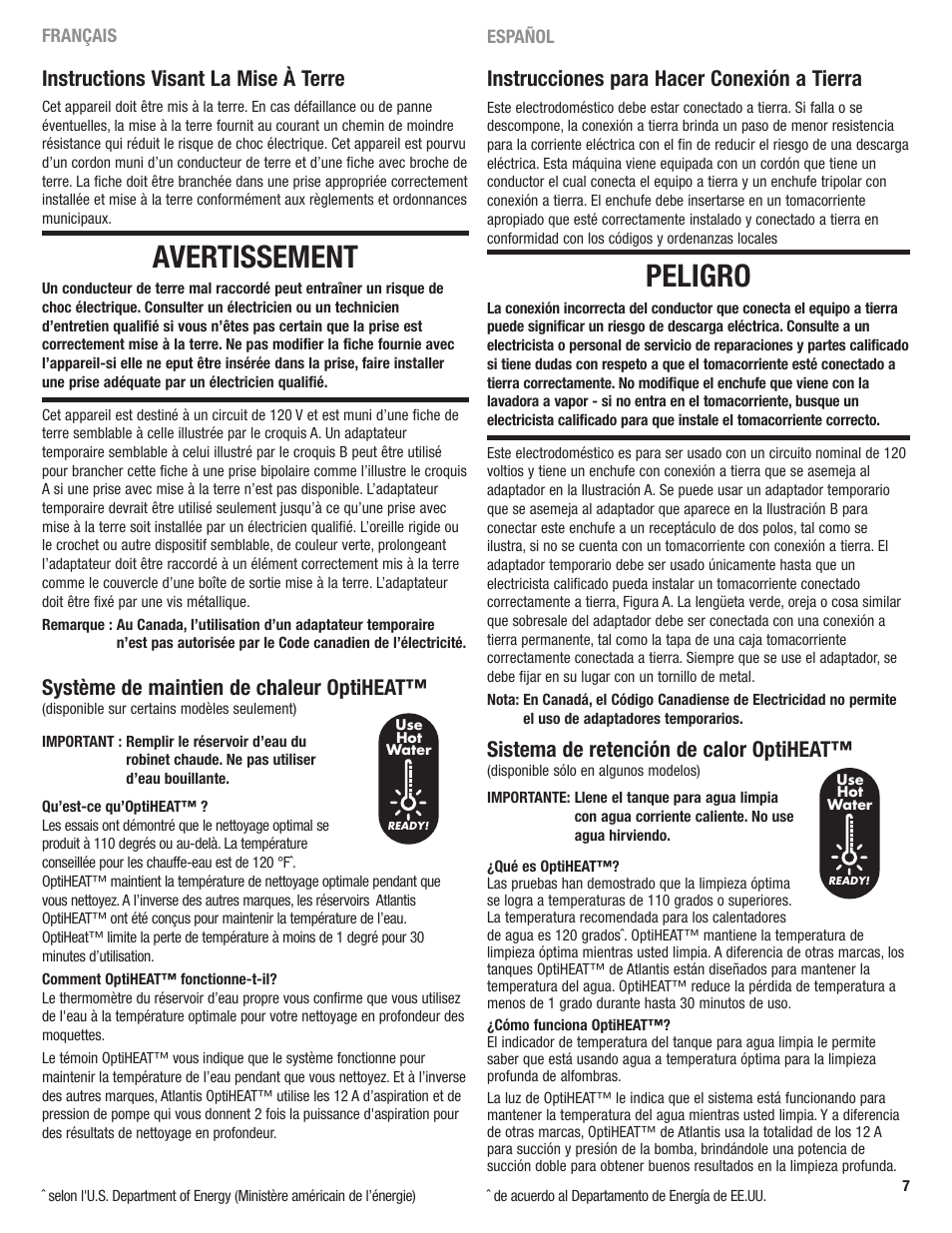 Peligro, Avertissement, Instrucciones para hacer conexión a tierra | Sistema de retención de calor optiheat, Instructions visant la mise à terre, Système de maintien de chaleur optiheat | Eureka 2590 User Manual | Page 7 / 28