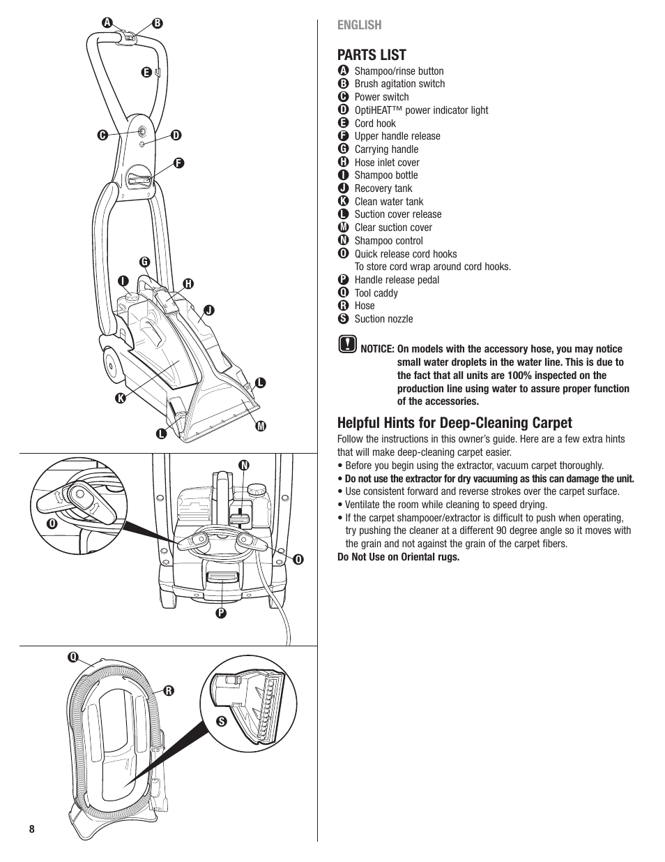 Parts list, Helpful hints for deep-cleaning carpet | Eureka 2590 User Manual | Page 8 / 28