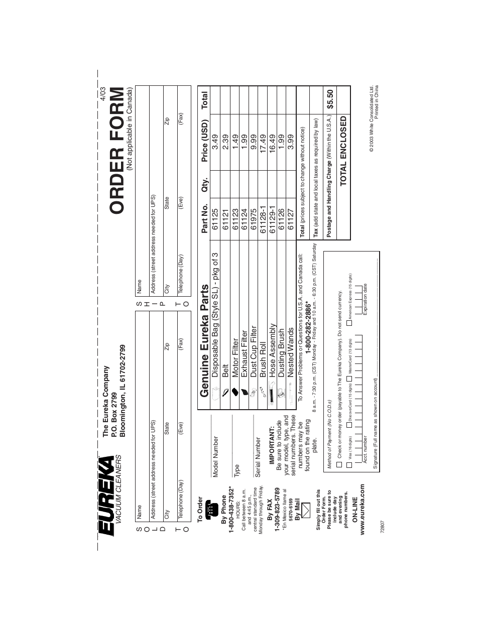 Order form, Gen uine eureka p a rt s | Eureka 790 User Manual | Page 12 / 14