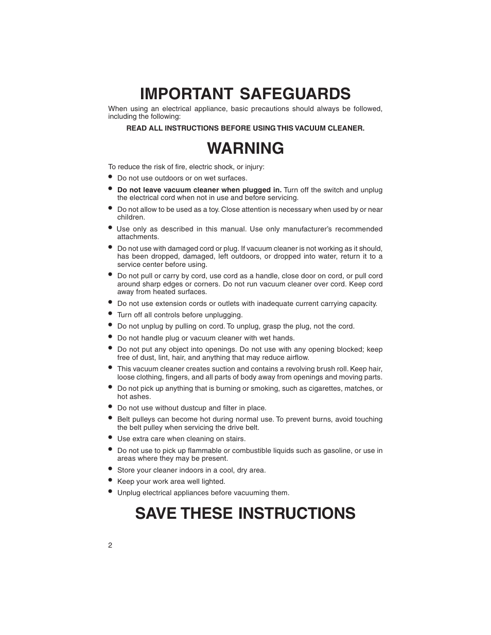 Important safeguards, Warning, Save these instructions | Eureka 790 User Manual | Page 2 / 14